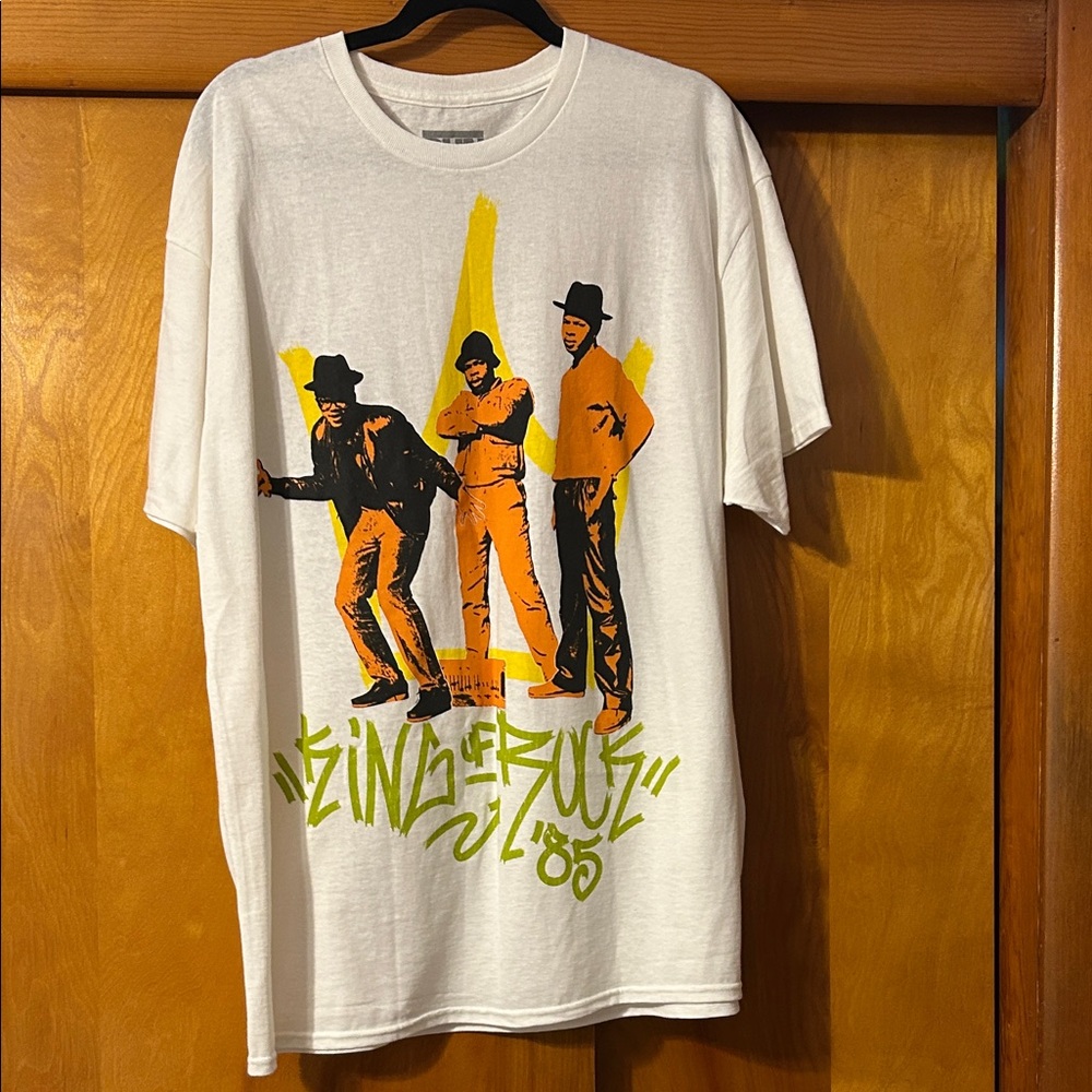 White Graphic Run DMC Men's T-Shirt with Orange & Yellow Print